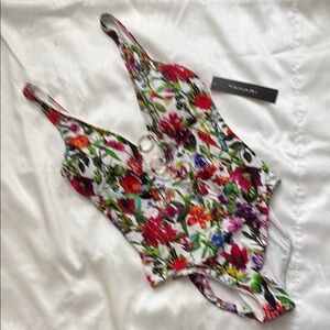 Tahari Floral Print Plunge Swimsuit Large New